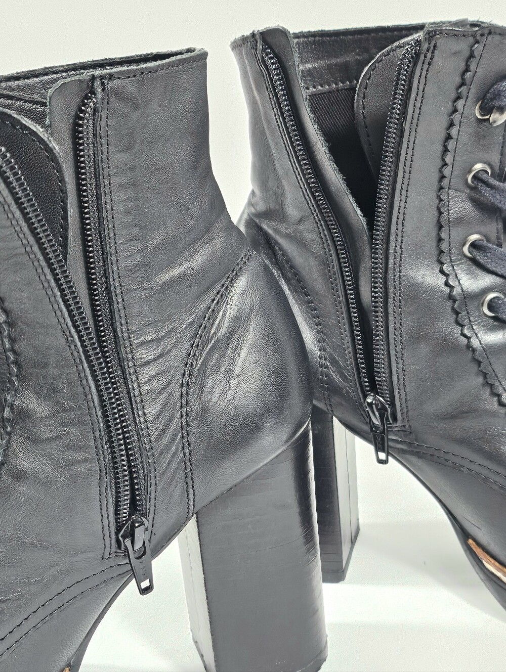 Chelsea & Violet Lexie Black Leather Lace-Up Block Heel Lug Sole Ankle Boot - Picture 13 of 16